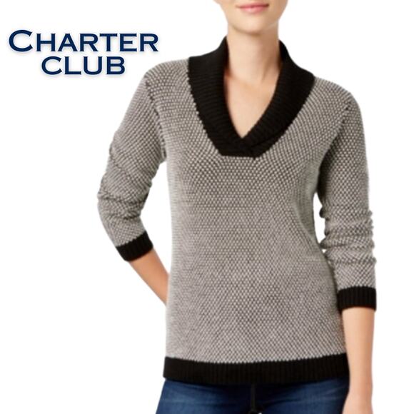 Charter Club Sweater 1X Black White & Silver Metallic Colorblock Shawl Collar - Picture 1 of 9
